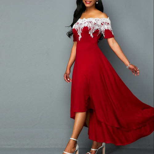 Elegant Off Shoulder Lace Panel High Low Dress