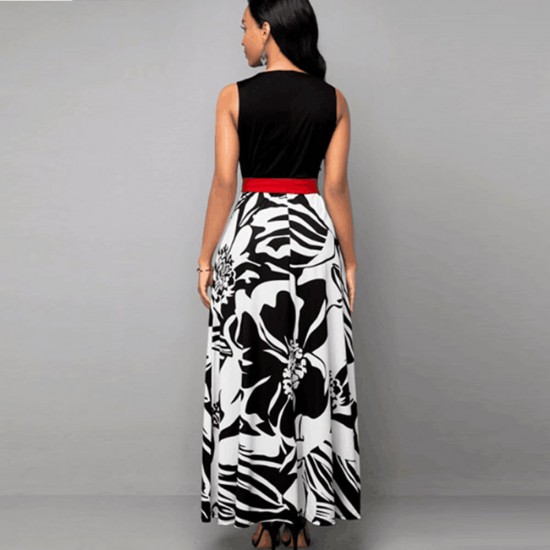 Round Neck Belted Floral Short Sleeve Maxi Dress -Black image