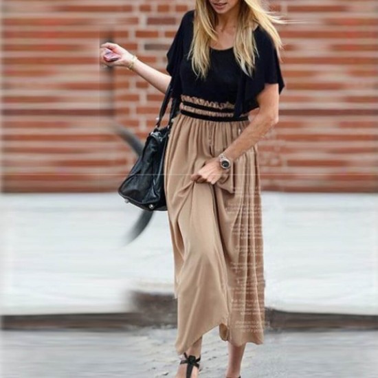 Chiffon Long Skirt Mid Waist Neck Ruffle Sleeve Dress -Brown image