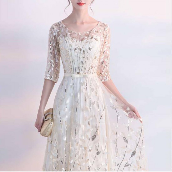 Ruffle Elegant Sequins Lace Short Sleeve Party Dress -Cream image