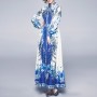 Retro Palace Printed Lapel Long-sleeved  Maxi Dress - Blue