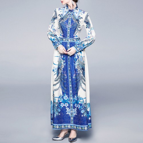 Retro Palace Printed Lapel Long-sleeved Maxi Dress - Blue image