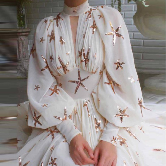 Star Slit Lantern Sleeve Half Neck Sequin Party Dress -Cream image
