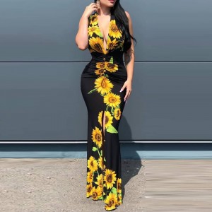 Cross Border Sleeveless Sunflower Printed Slit Maxi Dress -Black