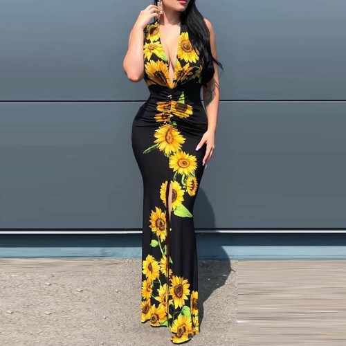 Cross Border Sleeveless Sunflower Printed Slit Maxi Dress 