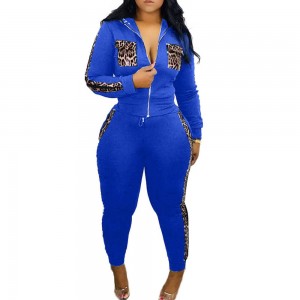 New Ladies Stylish Leopard Print Splice Jumpsuit-Blue