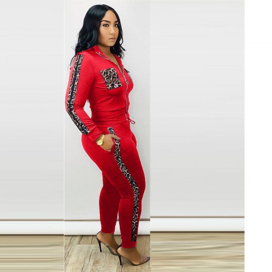 New Ladies Stylish Leopard Print Splice Jumpsuit-Red image