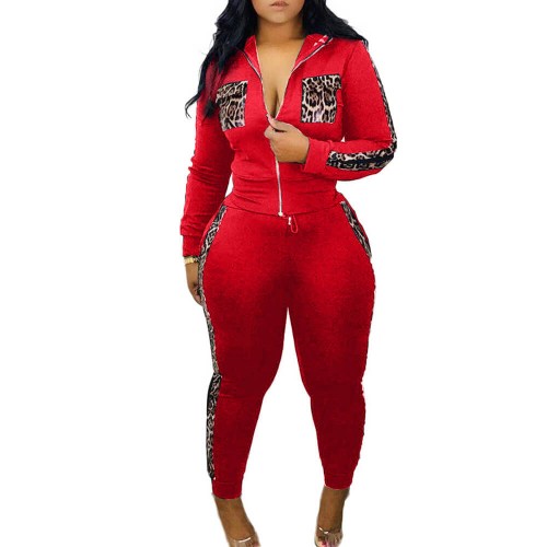 New Ladies Stylish Leopard Print Splice Jumpsuit-Red image
