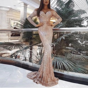 Sparkly Mermaid Off Shoulder Halter Sleeve Long Prom Dress -Gold