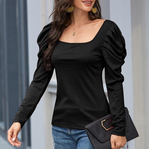 Women Fashion Square Neck Puff Sleeve Blouse -Black image
