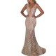Lace Patchwork Sequined Sleeveless Maxi Prom Dress - Gold image