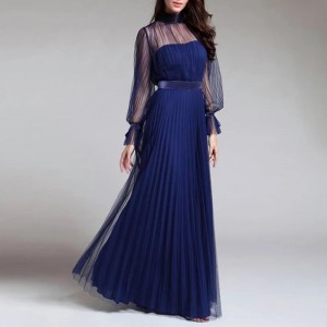 Fancy Mesh Long Sleeve Mid Waist Evening Dress -Blue