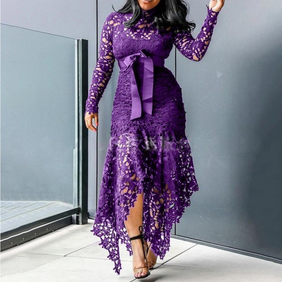 Lace Patchwork Hollow Out Lace Romper Maxi Dress -Purple image