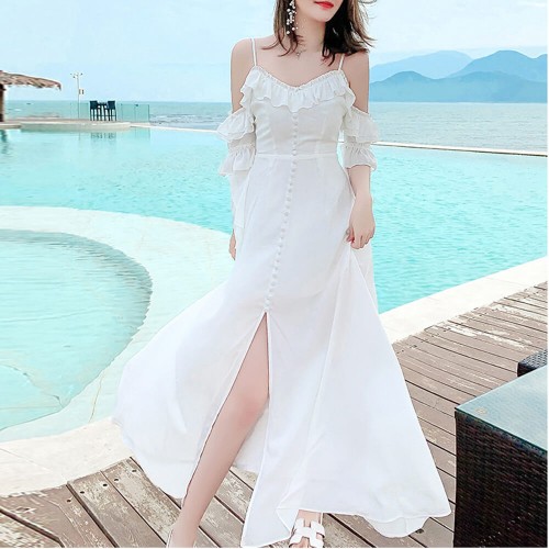  Strapy Short Sleeve Off Shoulder Elegant Dress - White image