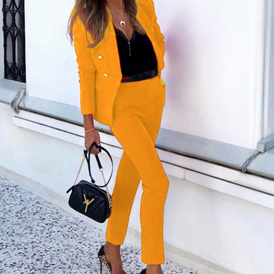 Elegant Ladies Formal Two Piece Blazer Suit Set -Yellow image