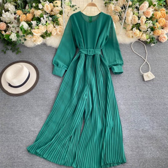 Retro Knitted Ribbed Long Sleeve Casual Jumpsuit -Green image