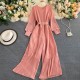 Retro Knitted Ribbed Long Sleeve Casual Jumpsuit -Pink image