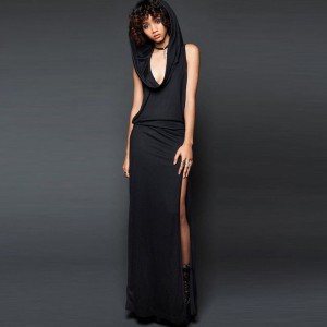 New Stylish Sleeveless Backless Split Elastic Waist Hooded Maxi Dress-Black