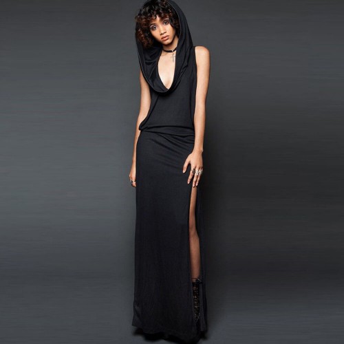 New Stylish Sleeveless Backless Split Elastic Waist Hooded Maxi Dress-Black image