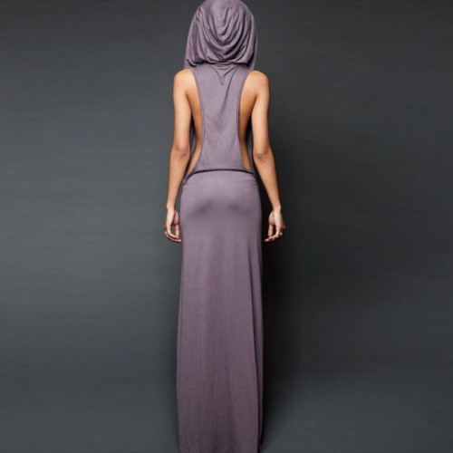 New Stylish Sleeveless Backless Split Elastic Waist Hooded Maxi Dress-Purple image