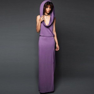 New Stylish Sleeveless Backless Split Elastic Waist Hooded Maxi Dress-Purple
