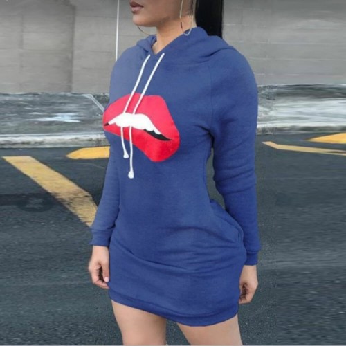 Casual Lip Print Long Sleeved Fashion Hoodie-Blue image