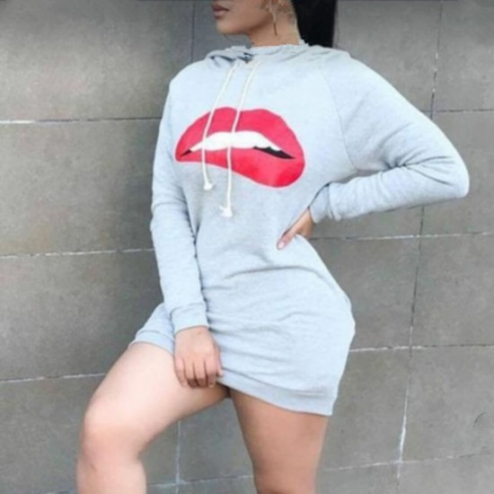 Casual Lip Print Long Sleeved Fashion Hoodie-Grey image