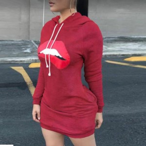 Casual Lip Print Long Sleeved Fashion Hoodie-Red