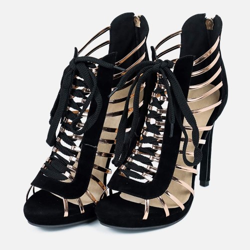 Stylish Open Toe Lace up High Heel Prom Shoes -Black image