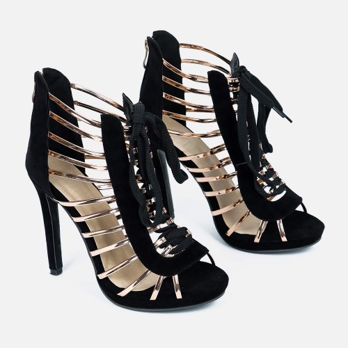 Stylish Open Toe Lace up High Heel Prom Shoes -Black image