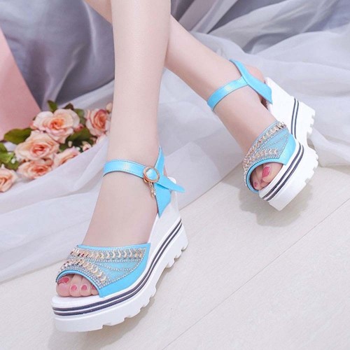 Wedge Platform Ankle Strap Open Toe Sandals -Light Blue image