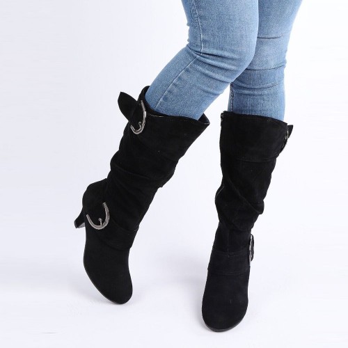 Soft Suede Belt Buckle Wide Calf High Boots - Black image