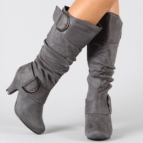 Soft Suede Belt Buckle Wide Calf High Heel Boots -Grey image