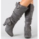 Soft Suede Belt Buckle Wide Calf High Heel Boots -Grey image