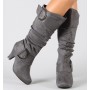 Soft Suede Belt Buckle Wide Calf High Heel Boots -Grey