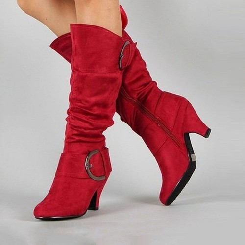 Soft Suede Belt Buckle Wide Calf High Heel Boots - Red image