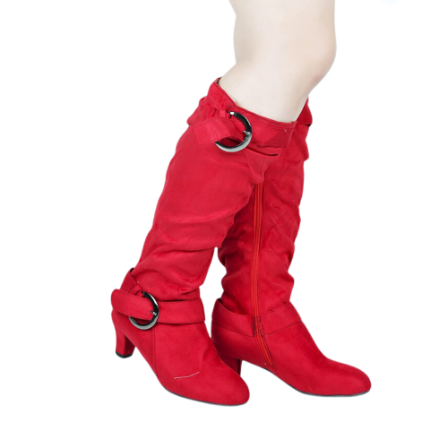 Soft Suede Belt Buckle Wide Calf High Heel Boots - Red image
