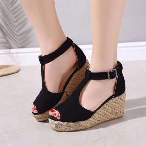 Women Fashion Buckle Up Peep ToeWedge Heel Sandals -Black