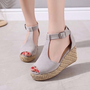 Women Fashion Buckle Up Peep ToeWedge Heel Sandals -Grey