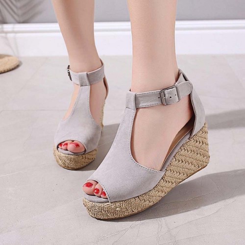 Women Fashion Buckle Up Peep ToeWedge Heel Sandals -Grey image