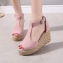 Women Fashion Buckle Up Peep Toe Wedge Heel Sandals-Pink