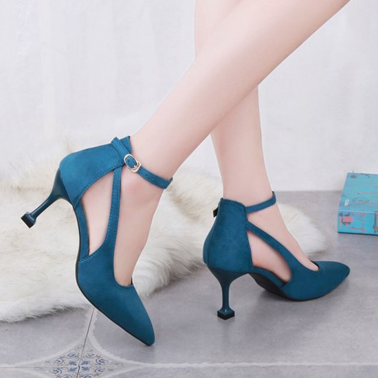 Pointed Toe Shallow Mouth Stiletto Heels Shoes -Blue image