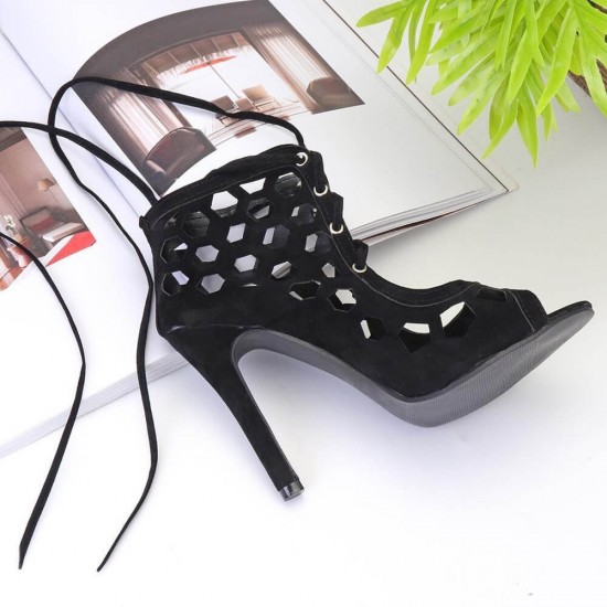 American Style Stiletto Lace Up Cross Strap Sandals -Black image