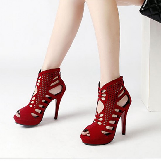 Elegant Hollow Pointed Cross Strap Stiletto High Heel Hole Sandal -Red image
