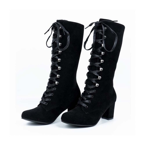 Lace Up Suede Long Mid Calf Knight Boot-Black image
