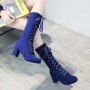 Lace Up Suede Long Mid Calf Knight Boot-Blue