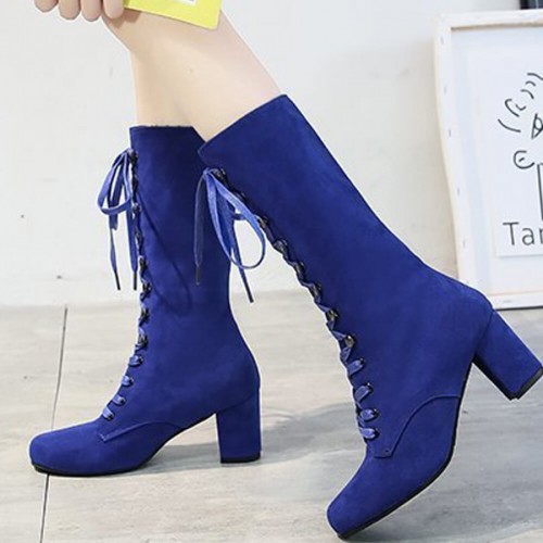 Lace Up Suede Long Mid Calf Knight Boot-Blue image