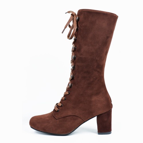 Lace Up Suede Long Mid Calf Knight Boot-Brown image