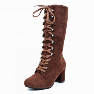 Lace Up Suede Long Mid Calf Knight Boot-Brown