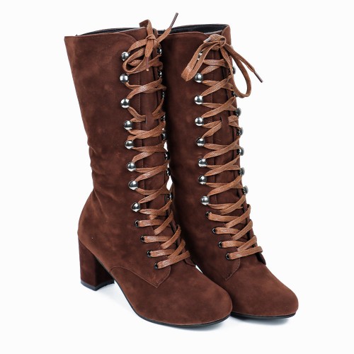 Lace Up Suede Long Mid Calf Knight Boot-Brown image